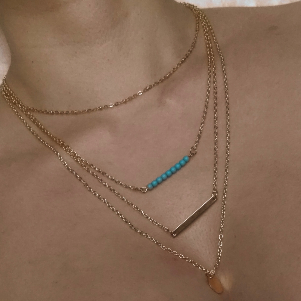 14k Gold Plated Tiered Bar Medallion and Turquoise